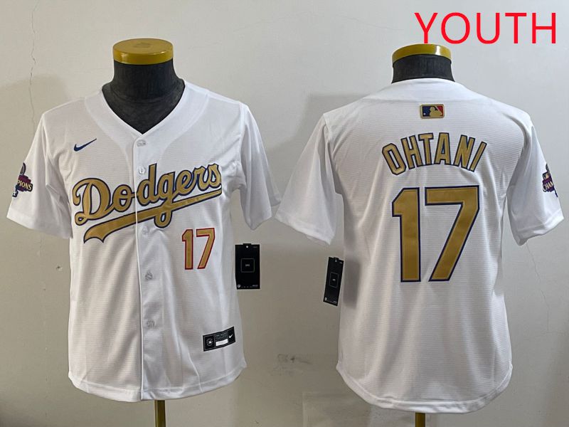 Youth Los Angeles Dodgers #17 Ohtani White Champion gold character 2025 Nike MLB Jersey style 1